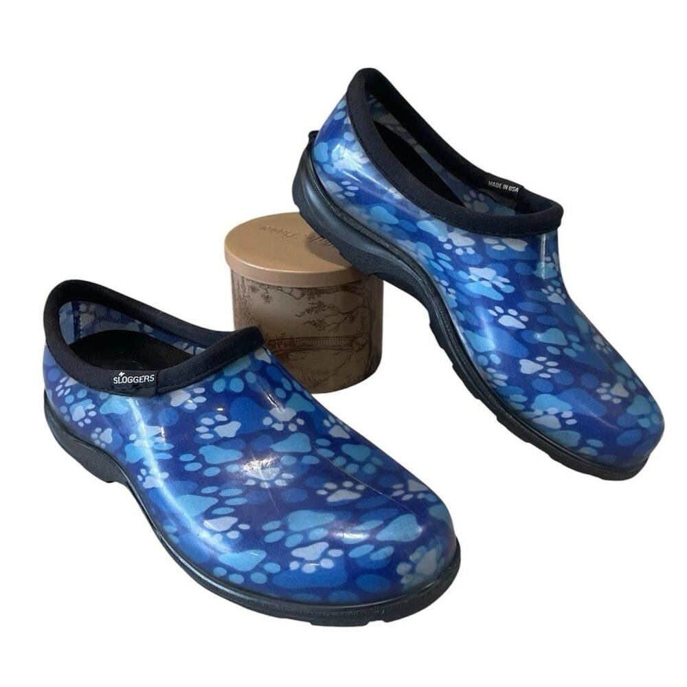 Sloggers Women’s Size 9 Blue Waterproof Paw Print Slip On Outdoor Garden Shoes
